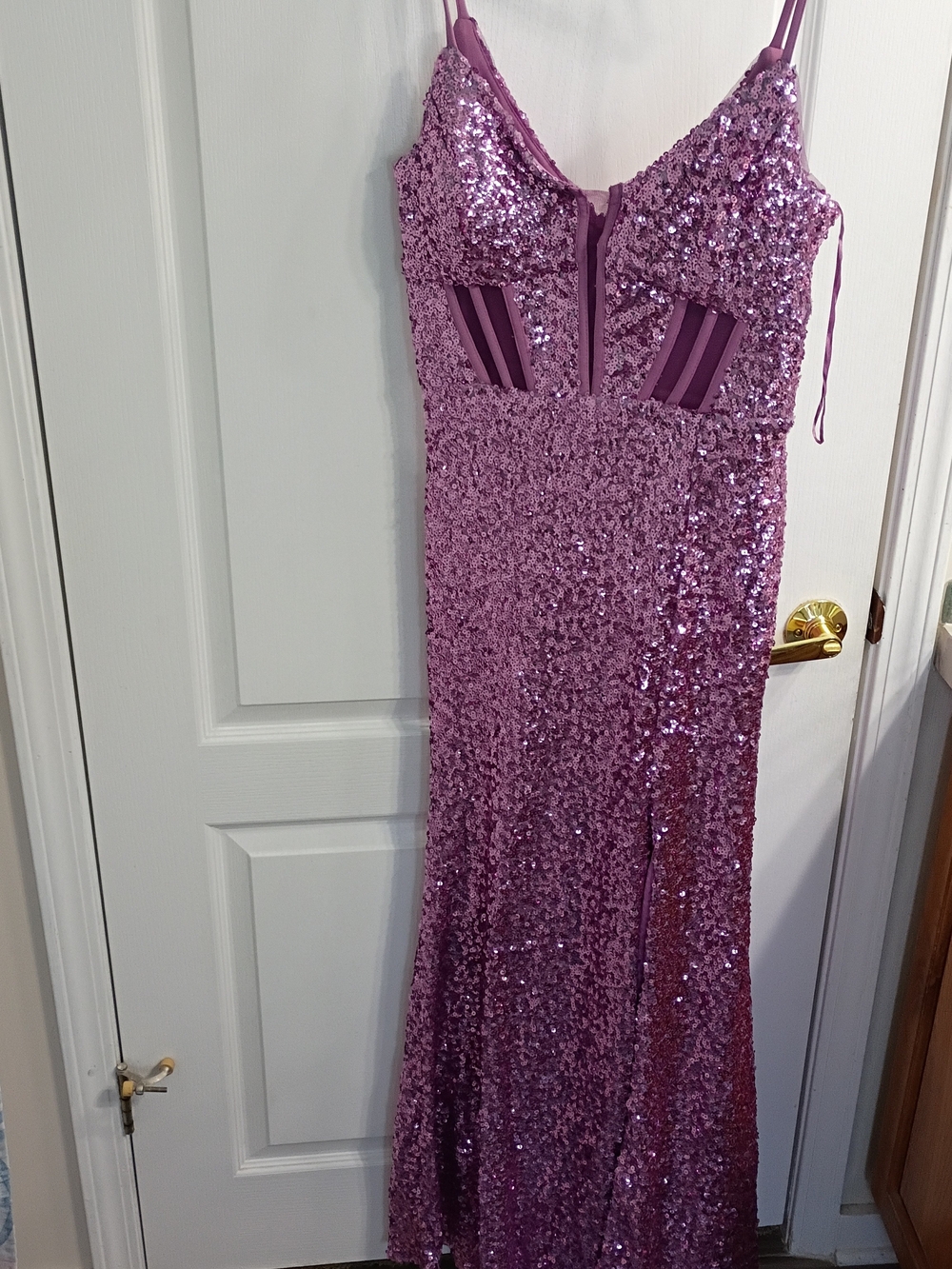 Morgan & Co. Sparkling Lavender Sequin Spaghetti-Strap Gown